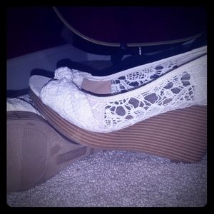 Cute white wedge high heels with lace and bow